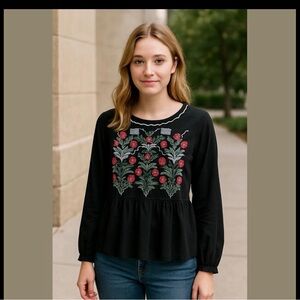 Elegant Black Floral Embroidered Blouse